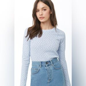 Forever 21 Ditsy Floral Print Waffle Knit Long Sleeve Blue Shirt
